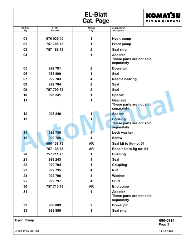 Komatsu H185E Hydraulic Mining Excavator Parts Manual G06100 2 Komatsu H185E Hydraulic Mining Excavator Parts Manual G06100-2