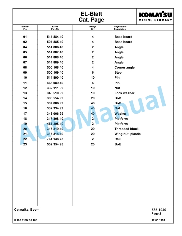 Komatsu H185E Hydraulic Mining Excavator Parts Manual G06100 3 Komatsu H185E Hydraulic Mining Excavator Parts Manual G06100-3