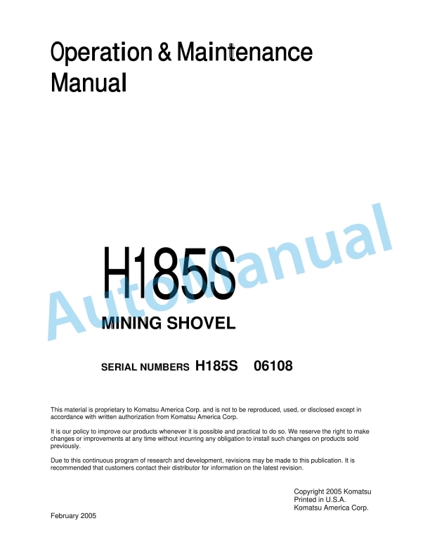 Komatsu H185S Mining Shovel Operation and Maintenance Manual H185S06108OMM