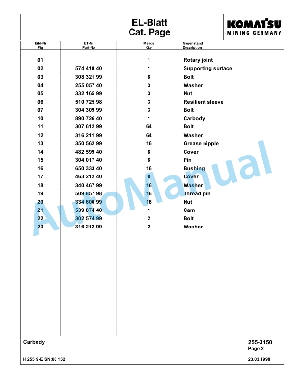 Komatsu H255S-E Hydraulic Mining Excavator Parts Manual G06152 3 Komatsu H255S-E Hydraulic Mining Excavator Parts Manual G06152-3