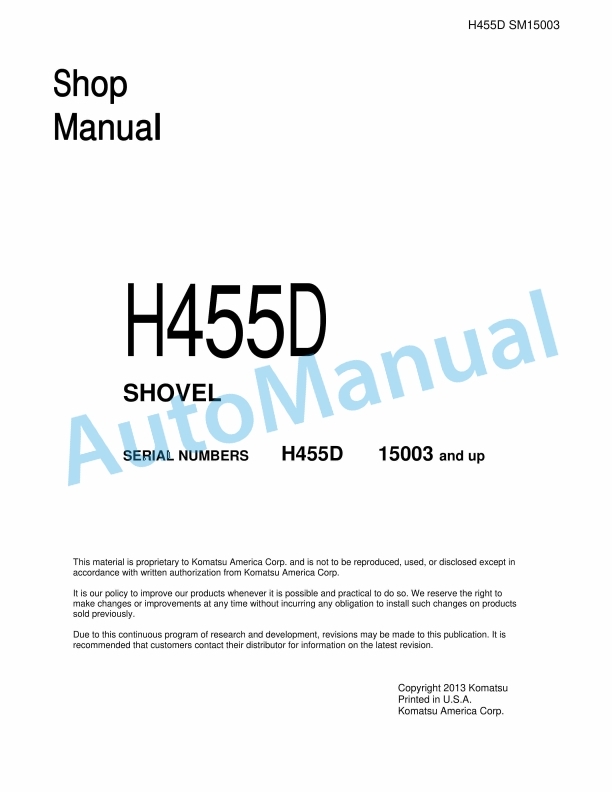Komatsu H455D Shovel Shop Manual SM15003