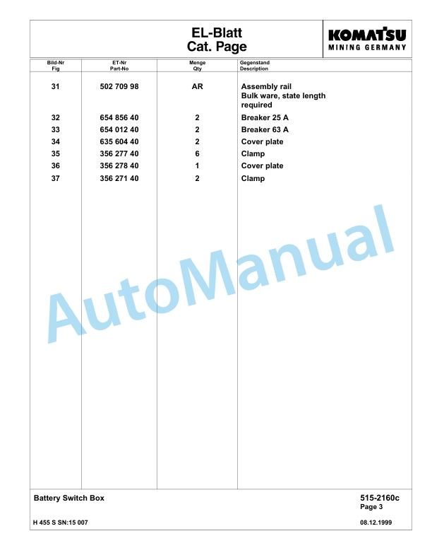 Komatsu H455E Hydraulic Mining Excavator Parts Manual G15007-4