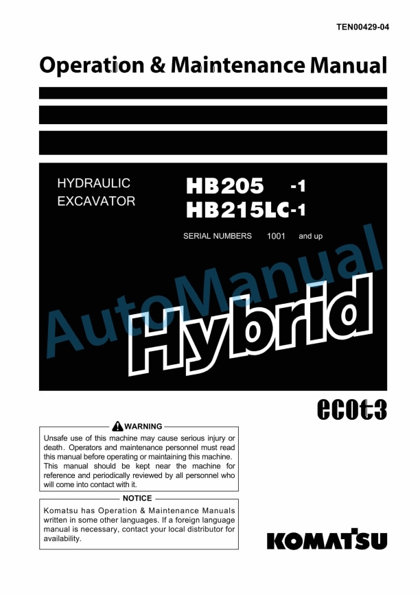 Komatsu HB205-1, HB215LC-1 Hybrid Hydraulic Excavator Operation and Maintenance Manual TEN00429-04
