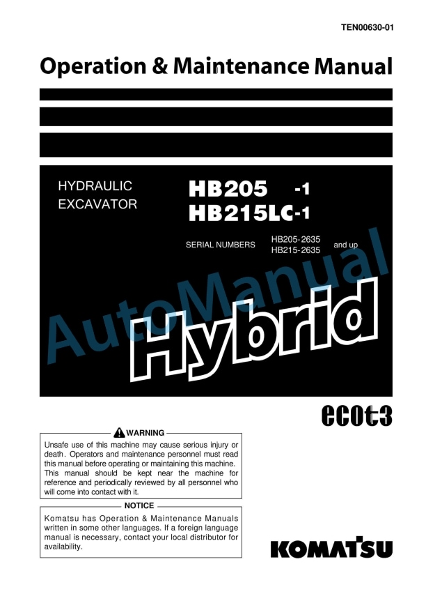 Komatsu HB205-1, HB215LC-1 Hybrid Hydraulic Excavator Operation and Maintenance Manual TEN00630-01
