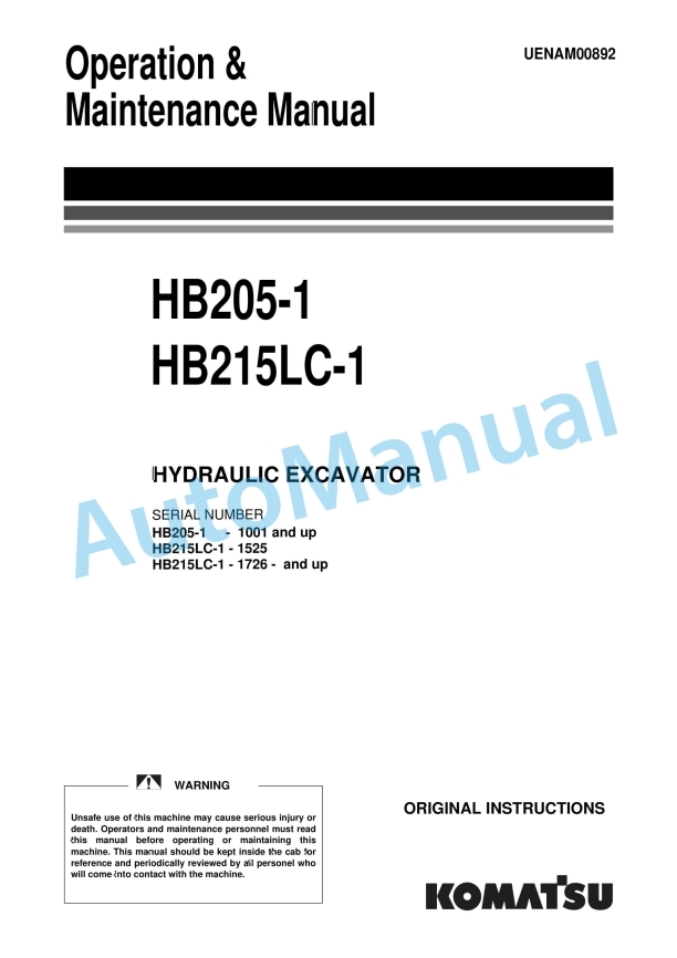 Komatsu HB205-1, HB215LC-1 Hydraulic Excavator Operation and Maintenance Manual UENAM00892