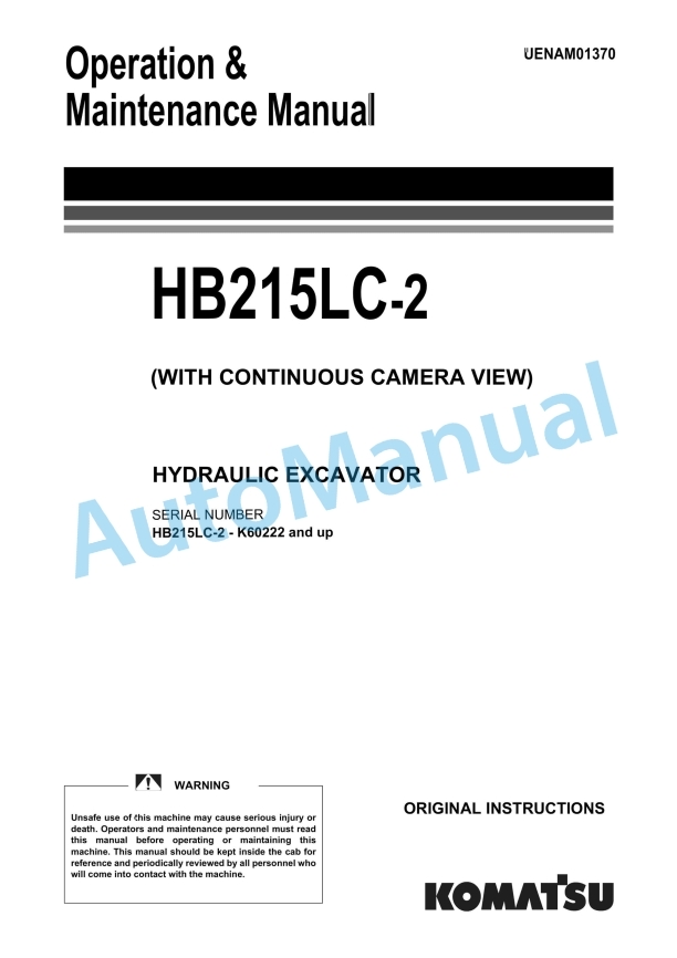 Komatsu HB215LC-2 Hydraulic Excavator Operation and Maintenance Manual UENAM01370