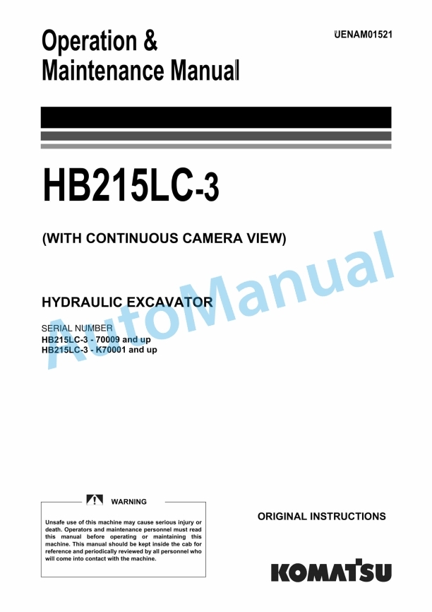 Komatsu HB215LC-3 Hydraulic Excavator Operation and Maintenance Manual UENAM01521