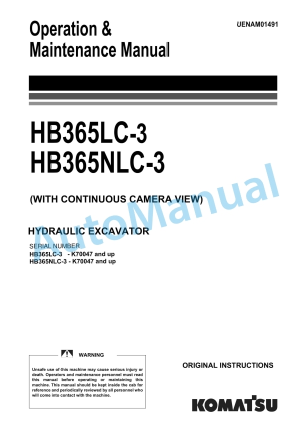 Komatsu HB365LC-3, HB365NLC-3 Hydraulic Excavator Operation and Maintenance Manual UENAM01491