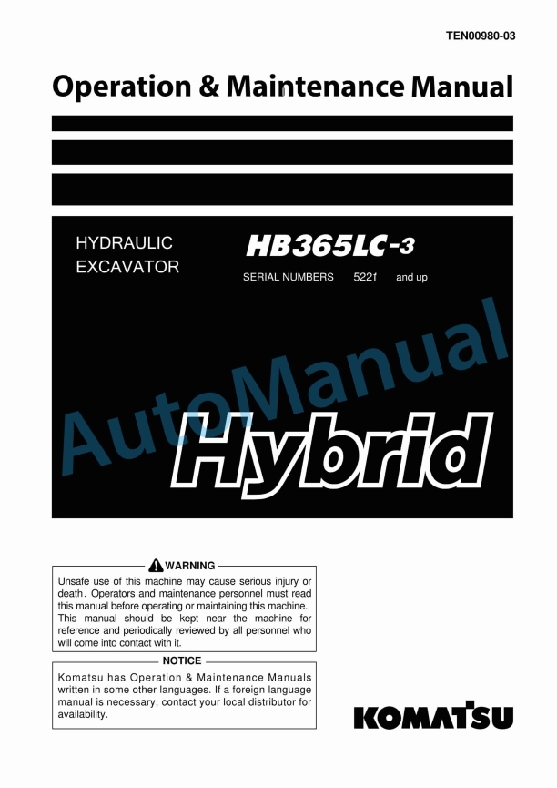 Komatsu HB365LC-3 Hydraulic Excavator Operation and Maintenance Manual TEN00980-03
