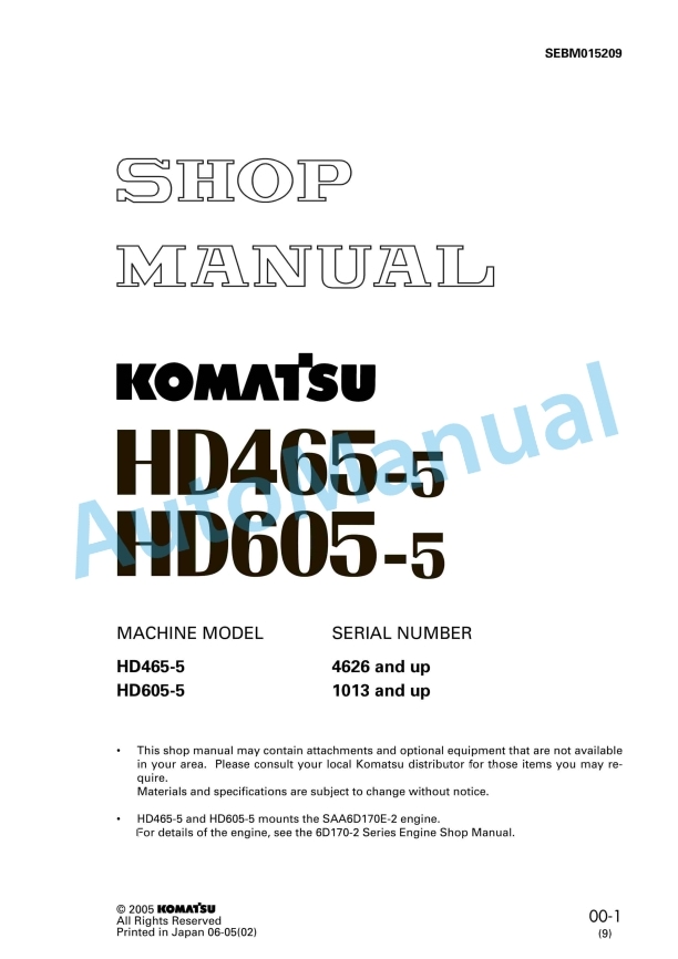 Komatsu HD465-5, HD605-5 Dump Truck Shop Manual SEBM015209