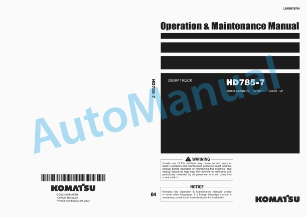 Komatsu HD785-7 Dump Truck Operation and Maintenance Manual LEAMH78704
