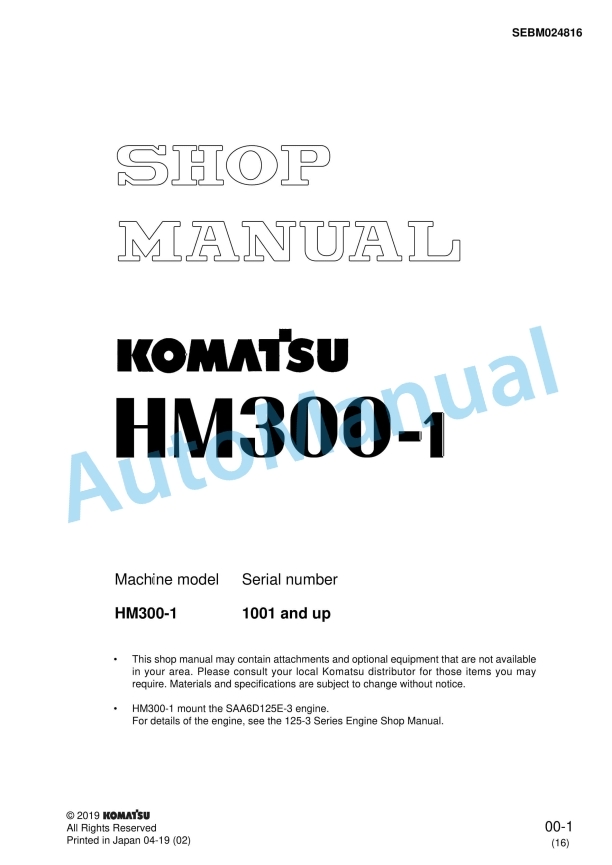 Komatsu HM300-1 Articulated Dump Truck Shop Manual SEBM024816