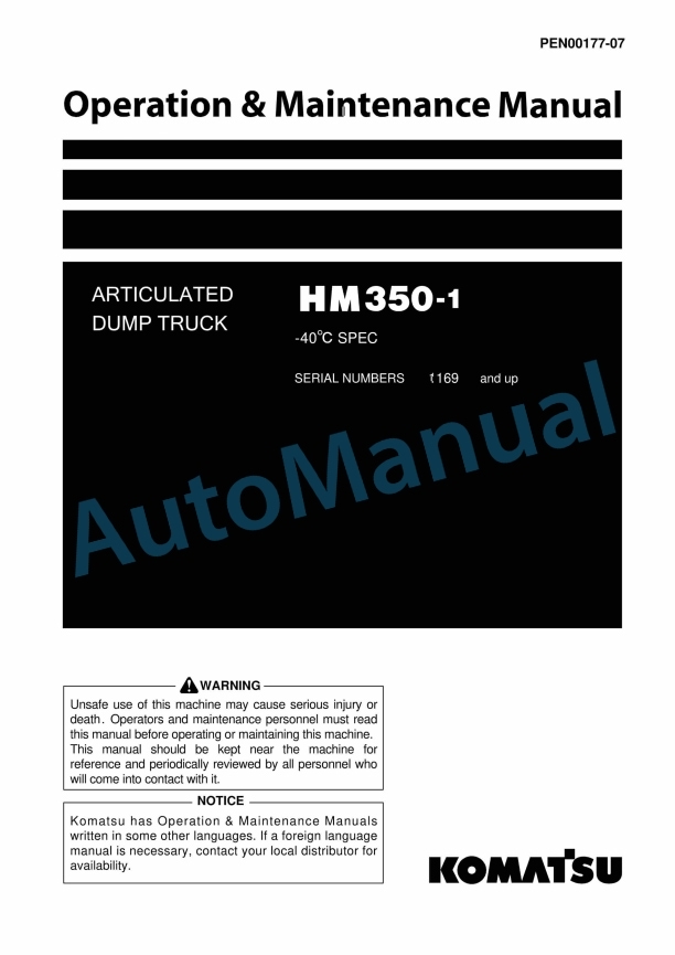 Komatsu HM350-1 Articulated Dump Truck Operation and Maintenance Manual PEN00177-07