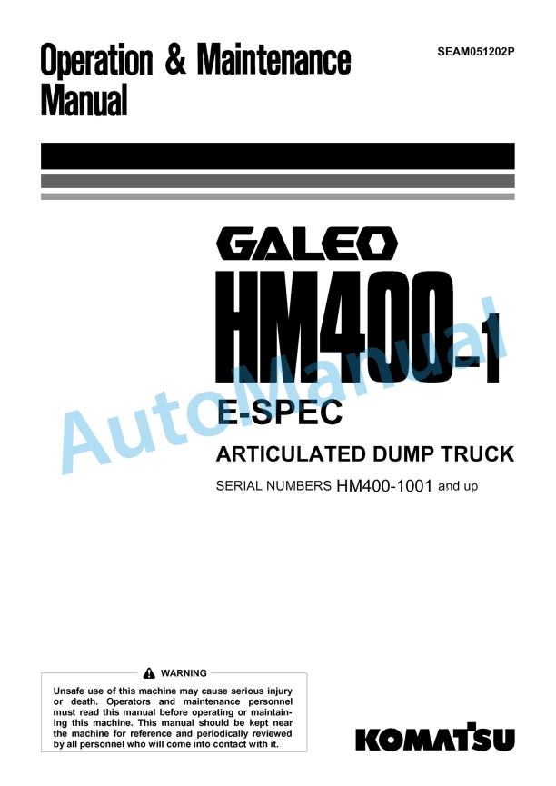 Komatsu HM400-1 E-SPEC Articulated Dump Truck Operation and Maintenance Manual SEAM051202P