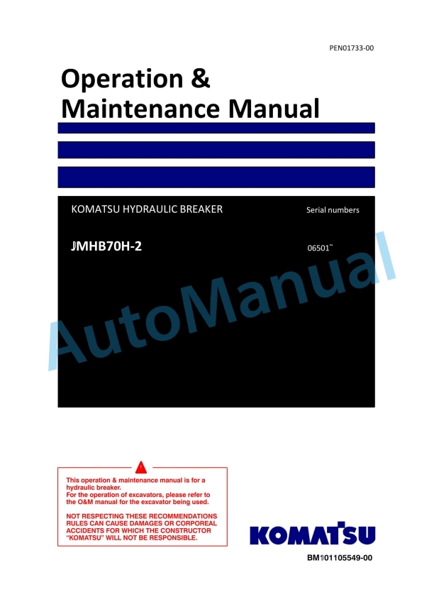 Komatsu JMHB70H-2 Hydraulic Breaker Operation and Maintenance Manual PEN01733-00