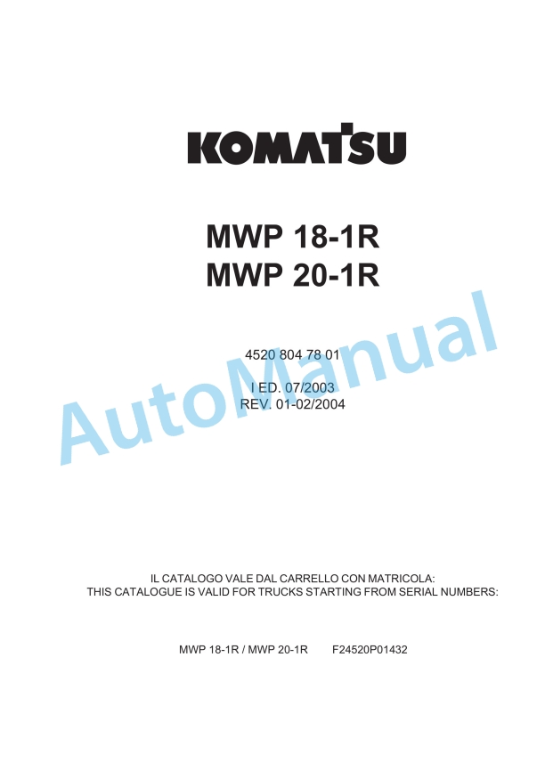Komatsu MWP 18-1R, MWP 20-1R Forklift Truck Parts Manual 45208047801