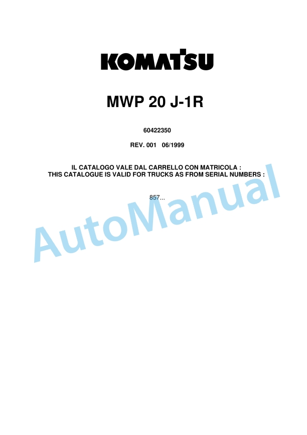 Komatsu MWP20J-1R Parts Manual 60422350 Rev.001