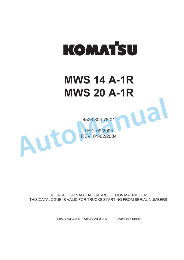 Komatsu MWS 14A-1R, MWS 20A-1R Forklift Truck Parts Manual 45288047801