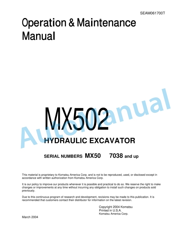 Komatsu MX502 Hydraulic Excavator Operation and Maintenance Manual SEAM061700T