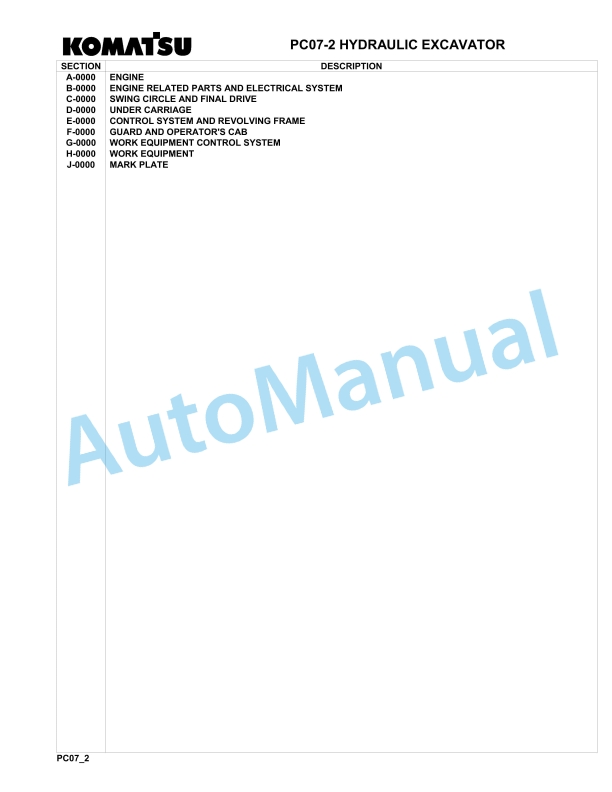 Komatsu PC07-2 Hydraulic Excavator Parts Manual F10001-UP