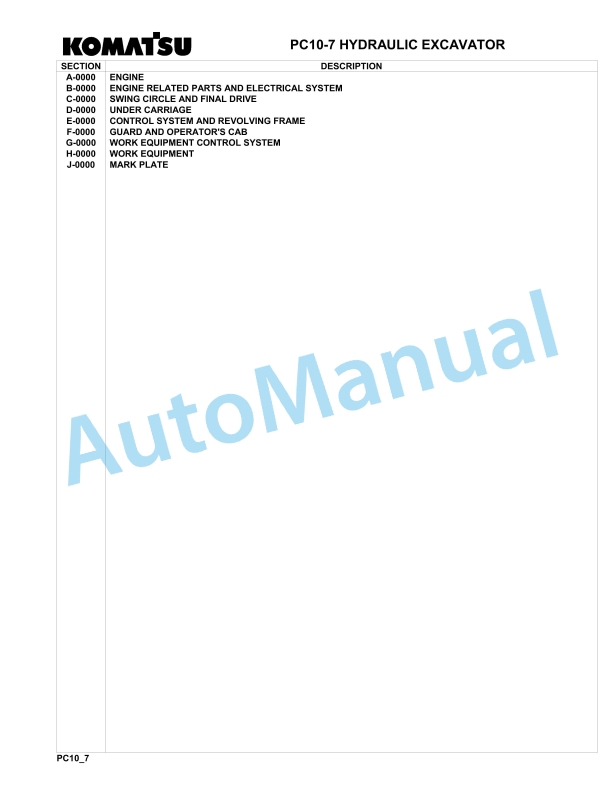 Komatsu PC10-7 Hydraulic Excavator Parts Manual F25001-UP