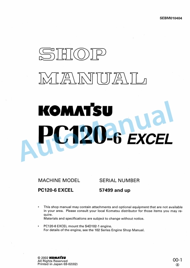 Komatsu PC120-6 Excel Hydraulic Excavator Shop Manual SEBM010404
