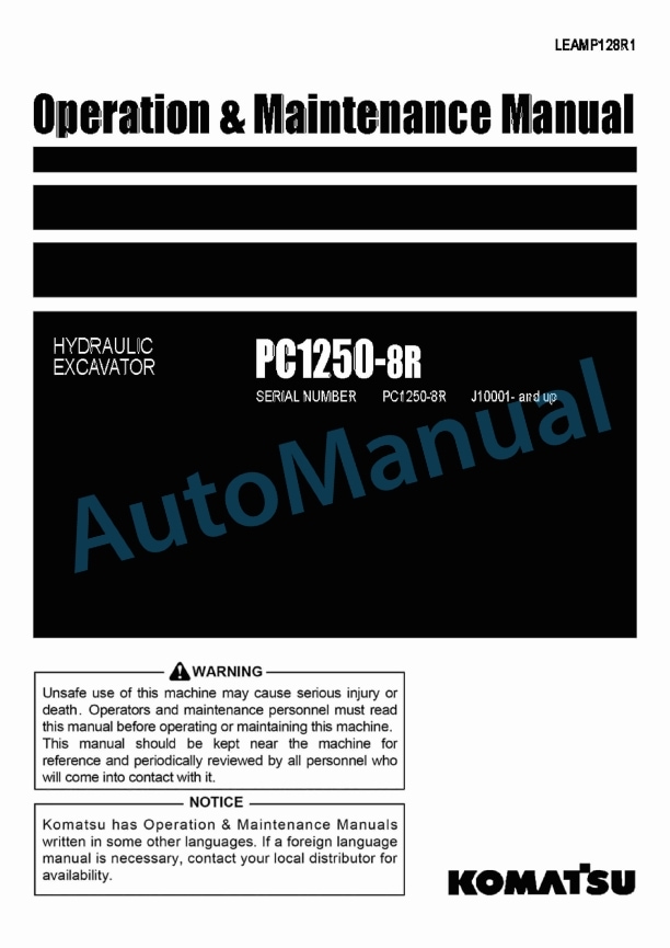 Komatsu PC1250-8R Hydraulic Excavator Operation and Maintenance Manual LEAMP128R1