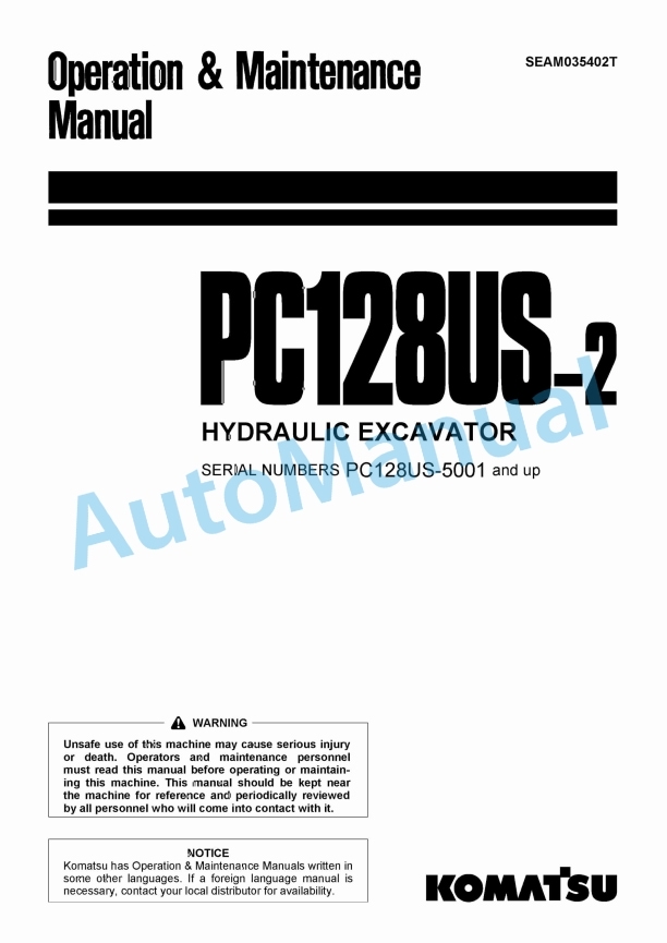 Komatsu PC128US-2 Hydraulic Excavator Operation and Maintenance Manual SEAM035402T