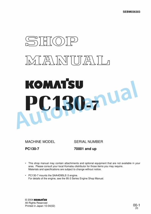 Komatsu PC130-7 Hydraulic Excavator Shop Manual SEBM036303