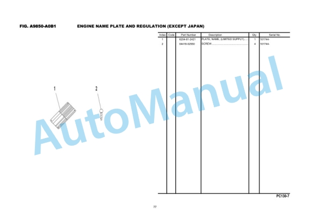 Alternative view of Komatsu PC130-7 Parts Manual FEN1607-00-NI01