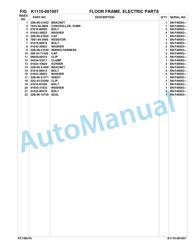 Komatsu PC130US-10 Hydraulic Excavator Parts Manual F40003-UP-3