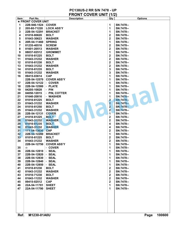 Komatsu PC138US-2 RR Hydraulic Excavator Parts Manual 7478 - UP 2 Komatsu PC138US-2 RR Hydraulic Excavator Parts Manual 7478 - UP-2