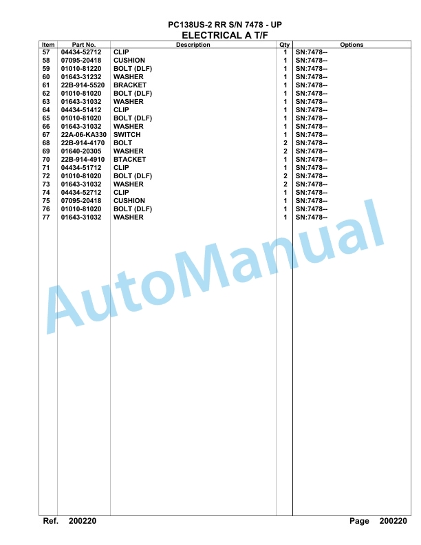 Komatsu PC138US-2 RR Hydraulic Excavator Parts Manual 7478 - UP 3 Komatsu PC138US-2 RR Hydraulic Excavator Parts Manual 7478 - UP-3