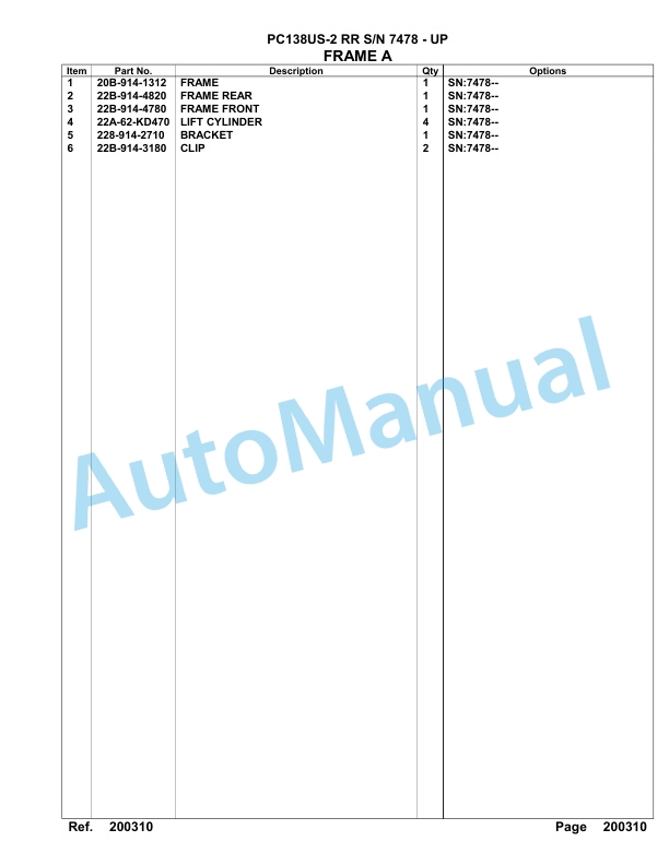 Komatsu PC138US-2 RR Hydraulic Excavator Parts Manual 7478 - UP 4 Komatsu PC138US-2 RR Hydraulic Excavator Parts Manual 7478 - UP-4