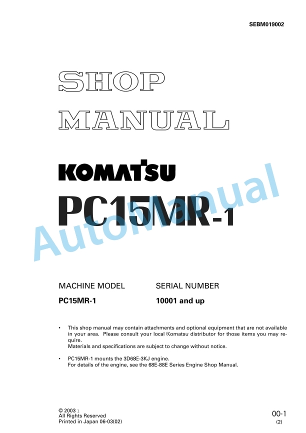 Komatsu PC15MR-1 Hydraulic Excavator Shop Manual SEBM019002