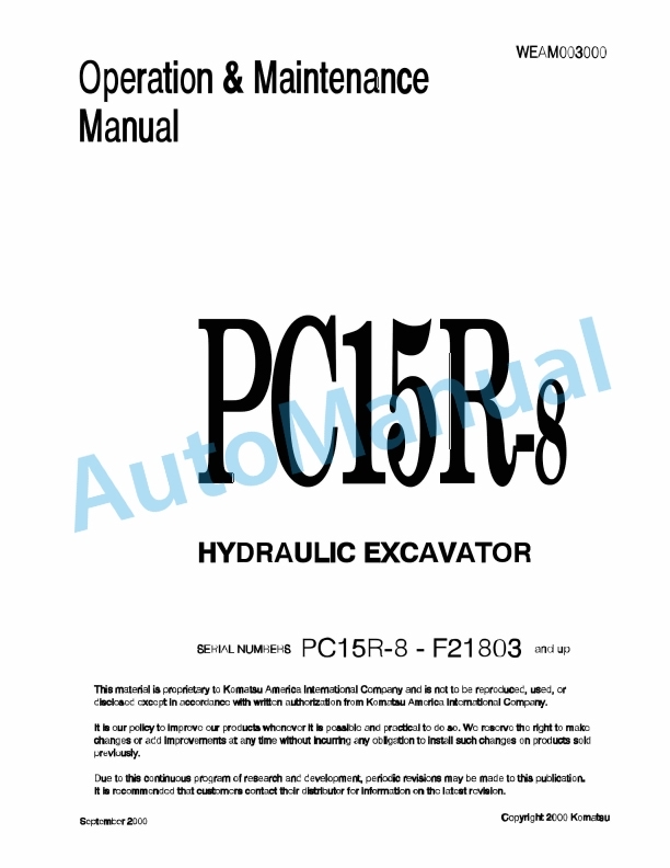 Komatsu PC15R-8 Hydraulic Excavator Operation and Maintenance Manual WEAM003000
