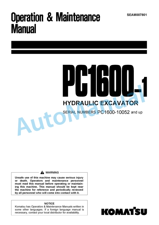 Komatsu PC1600-1 Hydraulic Excavator Operation and Maintenance Manual SEAM007801