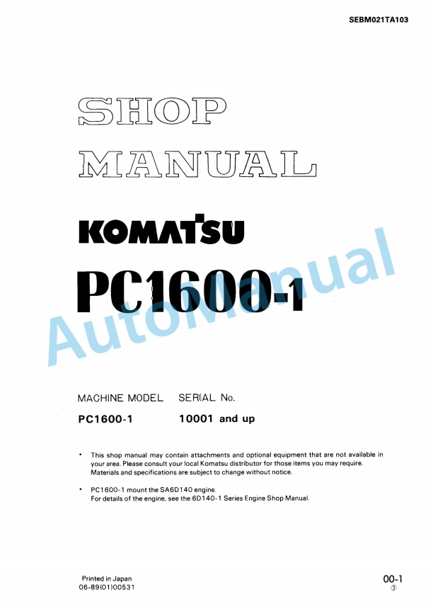 Komatsu PC1600-1 Hydraulic Excavator Shop Manual SEBM021TA103