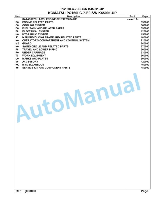 Komatsu PC160LC-7-E0 Hydraulic Excavator Parts Manual SAA4D16U
