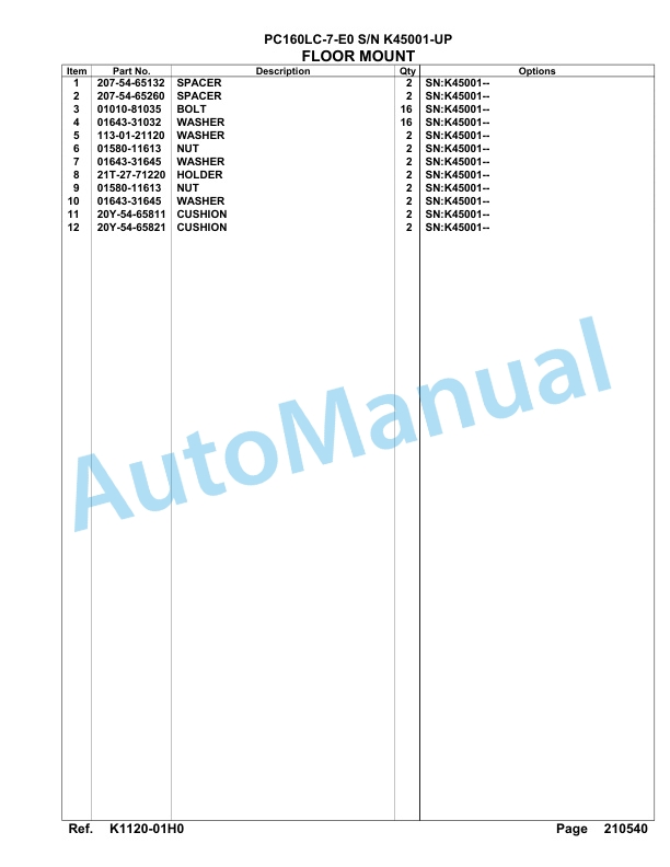 Komatsu PC160LC-7-E0 Hydraulic Excavator Parts Manual SAA4D16U-3