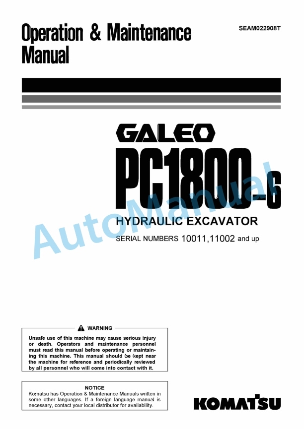 Komatsu PC1800-6 Galeo Hydraulic Excavator Operation and Maintenance Manual SEAM022908T