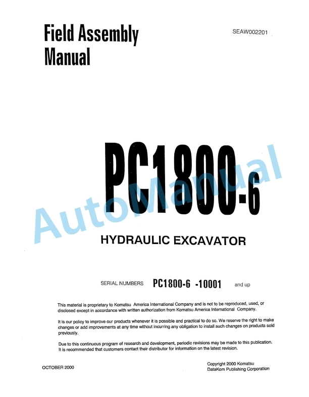 Komatsu PC1800-6 Hydraulic Excavator Field Assembly Instruction SEAW002201