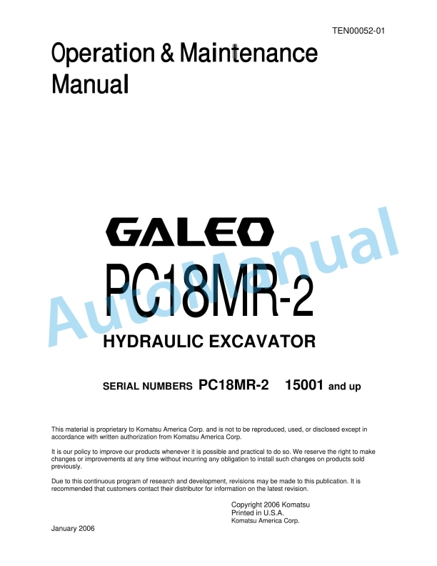 Komatsu PC18MR-2 Galeo Hydraulic Excavator Operation and Maintenance Manual TEN00052-01