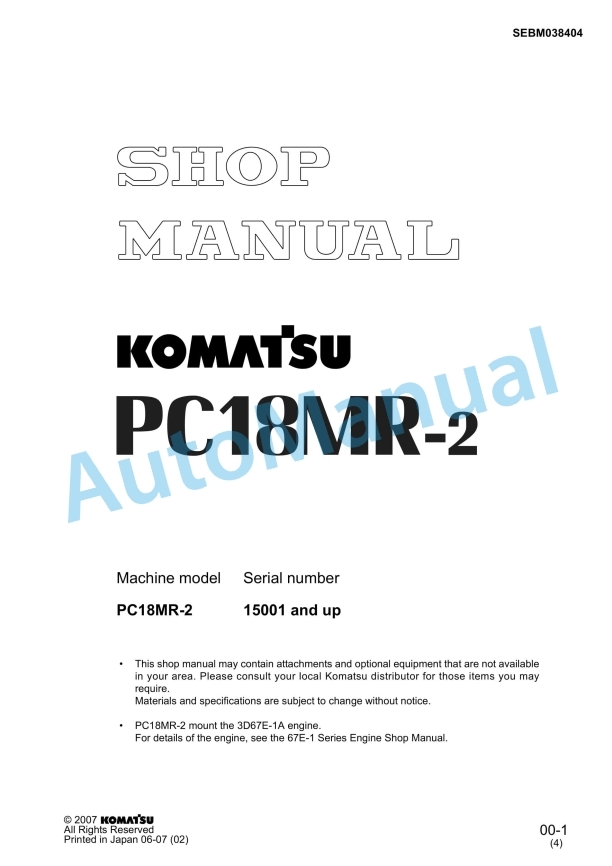 Komatsu PC18MR-2 Hydraulic Excavator Shop Manual SEBM038404