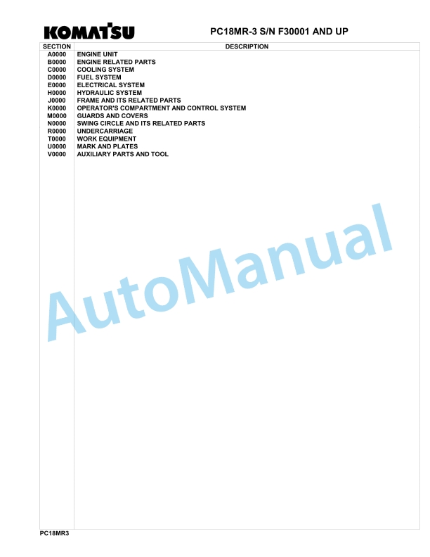 Komatsu PC18MR-3 Hydraulic Excavator Parts Manual F30001-up