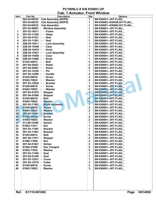 Komatsu PC190NLC-8 Hydraulic Excavator Parts Manual K50001-UP 5 Komatsu PC190NLC-8 Hydraulic Excavator Parts Manual K50001-UP-5