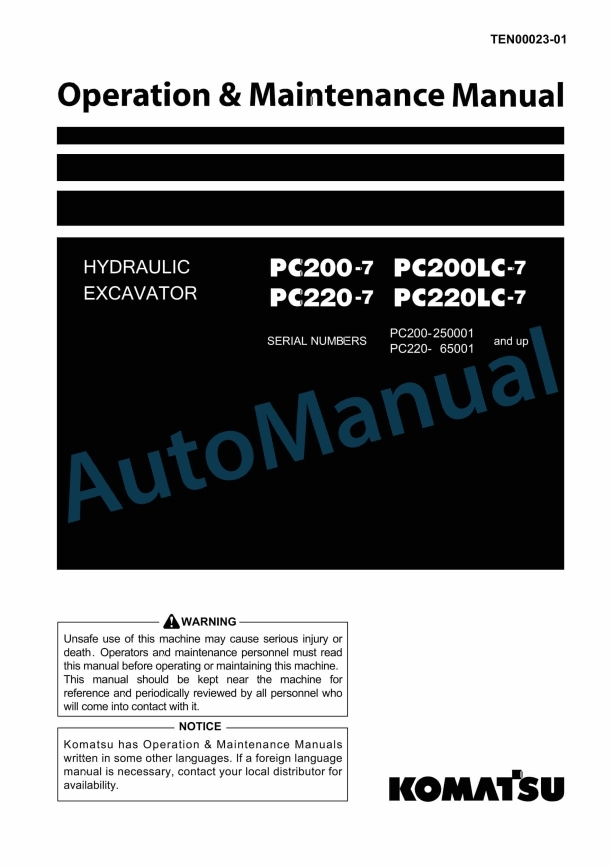 Komatsu PC200-7, PC200LC-7, PC220-7, PC220LC-7 Hydraulic Excavator Operation and Maintenance Manual TEN00023-01