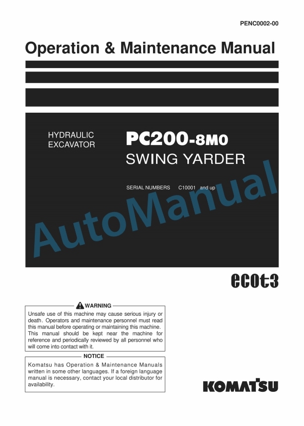 Komatsu PC200-8M0 Swing Yarder Hydraulic Excavator Operation and Maintenance Manual PENC0002-00