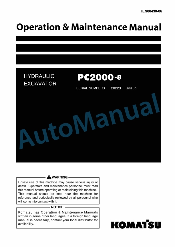 Komatsu PC2000-8 Hydraulic Excavator Operation and Maintenance Manual TEN00430-06
