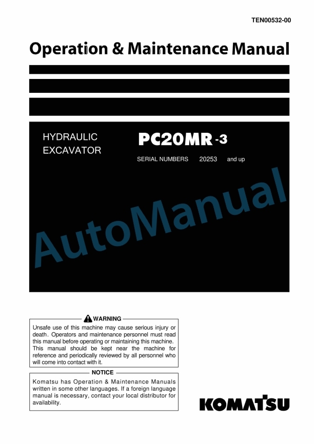 Komatsu PC20MR-3 Hydraulic Excavator Operation and Maintenance Manual TEN00532-00